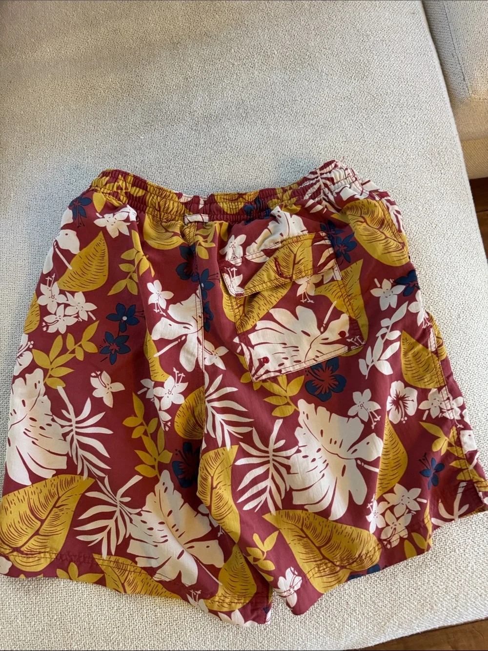 Men's Red Floral Swim Trunks with Yellow Leaf Print